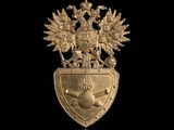 a close up of a gold plated badge on a black background