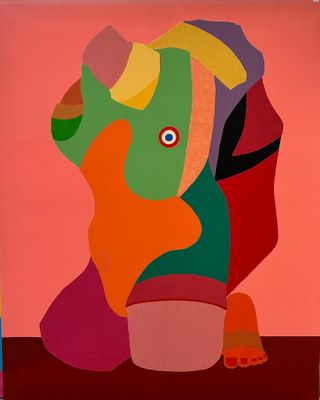 an image of a painting of a colorful elephant on a pink background