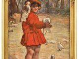 tableau représentant une petite fille en robe rouge tenant un oiseau dans la main