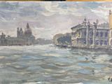 tableau représentant une vue d'un canal avec des bâtiments en arrière-plan