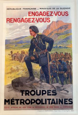 an old poster of a man in uniform standing on a rock
