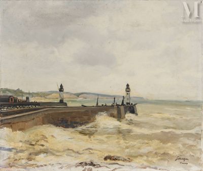 an image of a painting of a lighthouse in the middle of a body of water