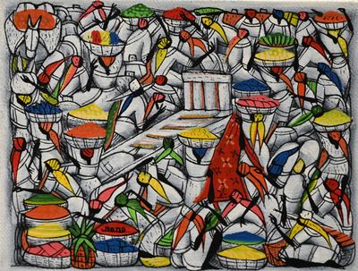 drawing of a painting of a kitchen with a lot of utensils