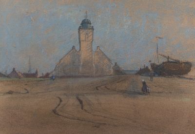 painting of a lighthouse with a boat in the foreground and a boat in the foreground