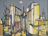 l'image d'une peinture représentant un paysage urbain avec des bâtiments à l'arrière-plan