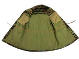 the jacket is green and has a camouflage pattern on it
