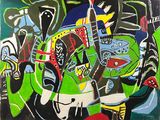 abstract painting of a group of people in various colors and sizes