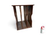 a small wooden table with a magazine rack on it