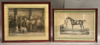 deux photos encadrées représentant des chevaux et un chien dans une grange