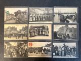 several old black and white photos of people and vehicles in a town