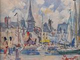a painting of boats in a harbor with a tower in the background