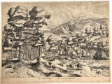 a drawing of a landscape with trees and people in the foreground