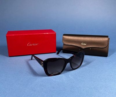 an image of a pair of sunglasses and a case on a blue surface