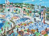 un tableau représentant une scène de plage avec beaucoup de monde
