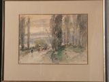 framed watercolor painting of a landscape with horses and trees