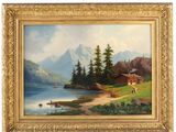 une image représentant un tableau représentant une cabane au bord d'un lac