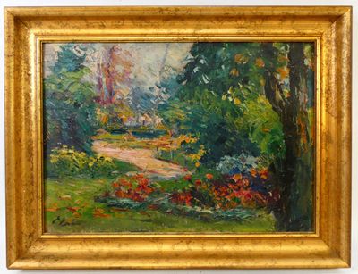 une peinture à l'huile représentant un sentier dans un parc, avec des fleurs et des arbres