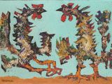 an image of a painting of a group of birds on a blue background
