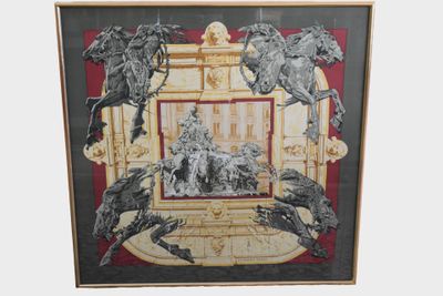 painting of four horses and a man in a cage on a white background