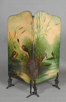 pair of decorative screen with birds and reeds painted on them