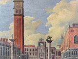 a painting of a view of a city with a clock tower