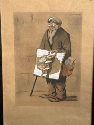 tableau représentant un vieil homme coiffé d'un chapeau et muni d'une canne, tenant un livre