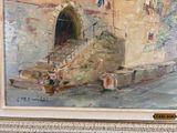a painting of a building with a staircase going up to it