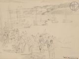 dessin représentant un groupe de personnes debout sur une plage au bord d'un plan d'eau