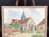 an oil painting of a church on an easel with a black background