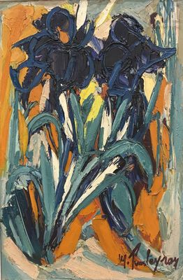 une peinture à l'huile représentant des fleurs bleues dans un vase sur fond orange
