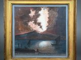 an image of a painting of a boat on a body of water with a mountain in the background