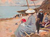 tableau représentant une femme assise sur une chaise, sur une plage au bord de la mer