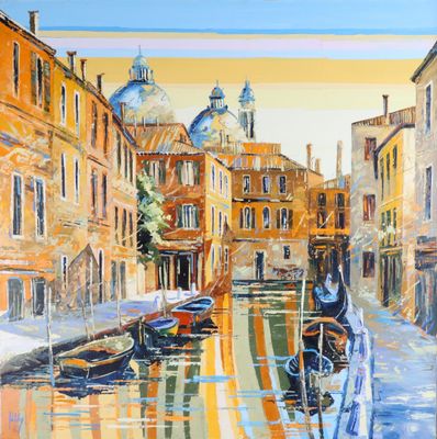 a painting of a canal with boats on it