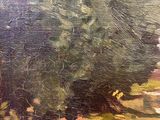 an oil painting of a park scene with a bench and trees