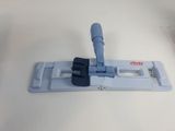 an image of a blue mop with a handle on a white surface