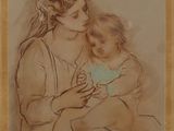 l'image d'un dessin représentant une femme tenant un enfant dans ses bras