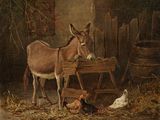 tableau représentant un âne et des poules dans une grange avec du foin