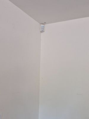 des toilettes situées dans un coin d'une pièce, avec un distributeur de papier toilette fixé au mur