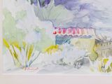 a watercolor painting of a building with a red awning
