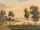 tableau représentant une scène fluviale avec deux hommes et un chien sur la rive