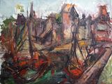 une peinture à l'huile représentant une scène de port avec des bateaux amarrés dans l'eau