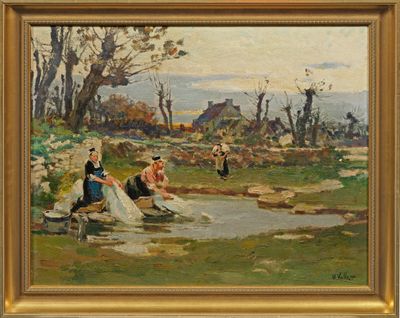 une peinture à l'huile représentant un groupe de personnes assises sur un rocher au bord d'une rivière