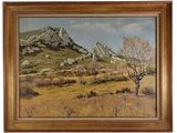 une peinture à l'huile représentant un paysage de montagne avec un arbre solitaire au premier plan