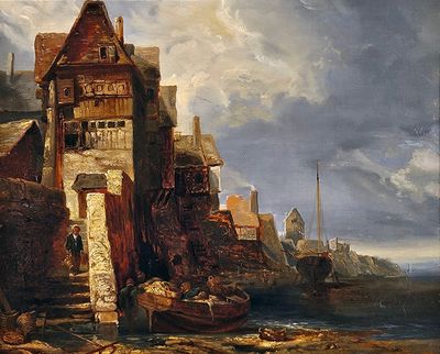 une peinture d'un bateau dans l'eau près d'un bâtiment