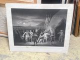 an old black and white photo of a group of people standing in front of a tent