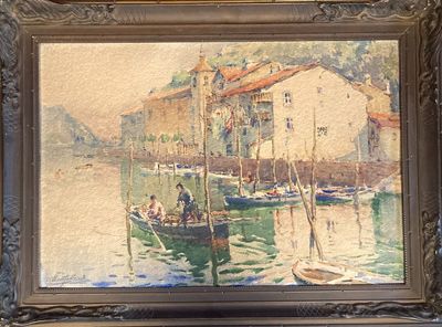 a picture of a painting of a boat in the water