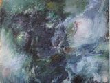 a painting of a blue and green painting on a white wall