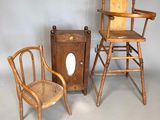three wooden chairs and a wooden cabinet in a room