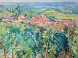 une peinture à l'huile représentant une vue sur un vignoble avec une maison au loin