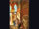 an image of a painting of a man and a woman sitting in front of a doorway